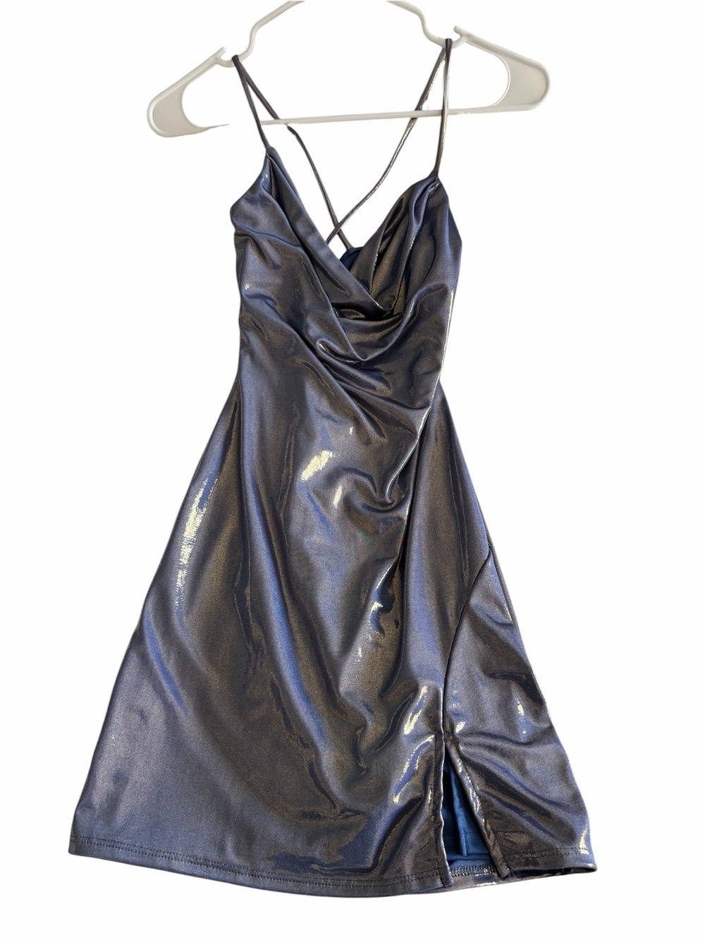 Windsor Iridescent Metallic Slip Dress in Shimmering Black-Blue